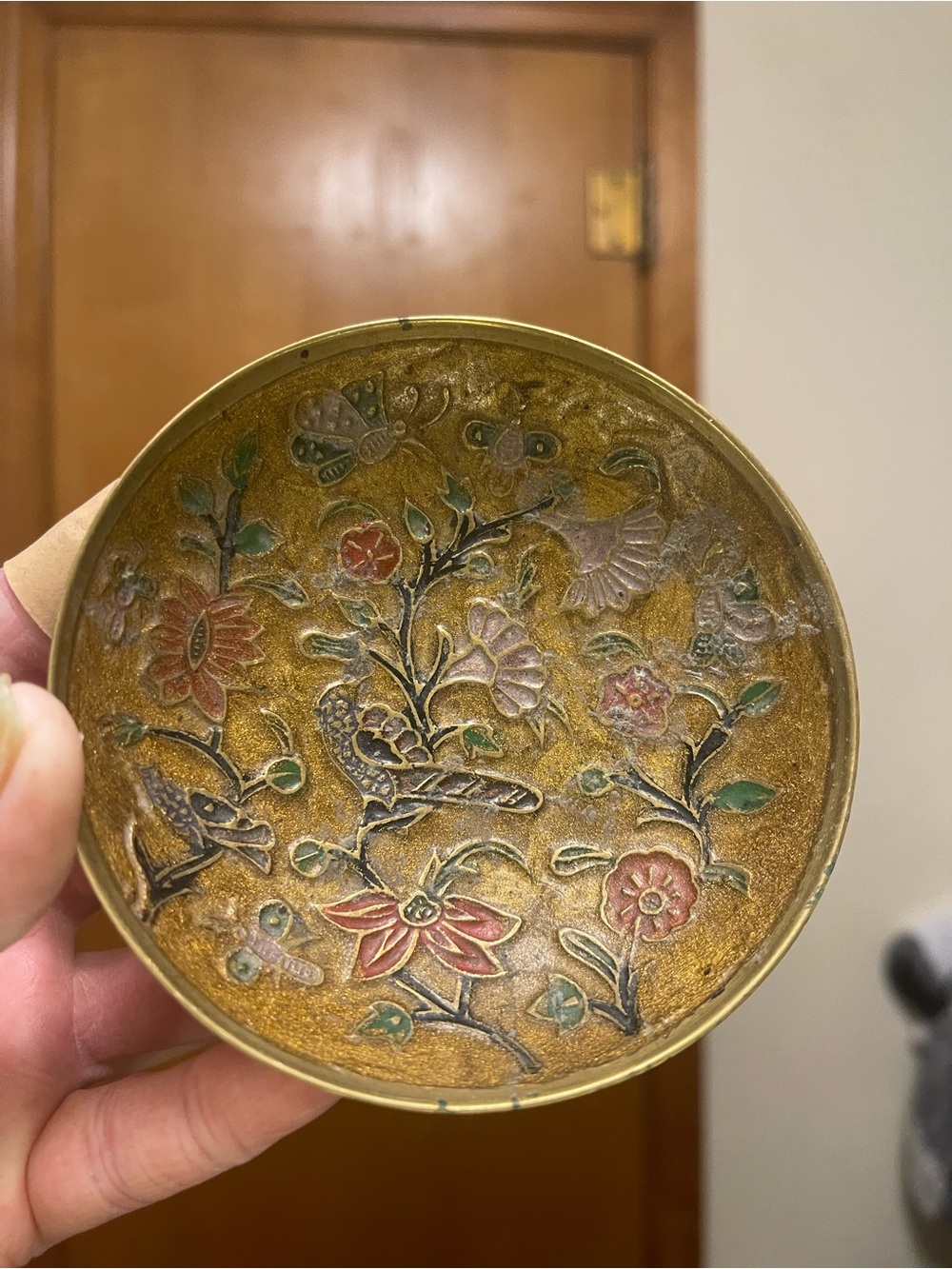 Hand-Painted Floral Brass Dish in Gold with Red & Green Enamel